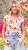 Ruffled V Neck Floral Printed Top